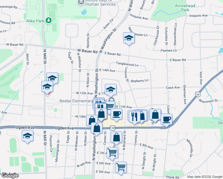 map of restaurants, bars, coffee shops, grocery stores, and more near 1204 Trefoil Court in Naperville