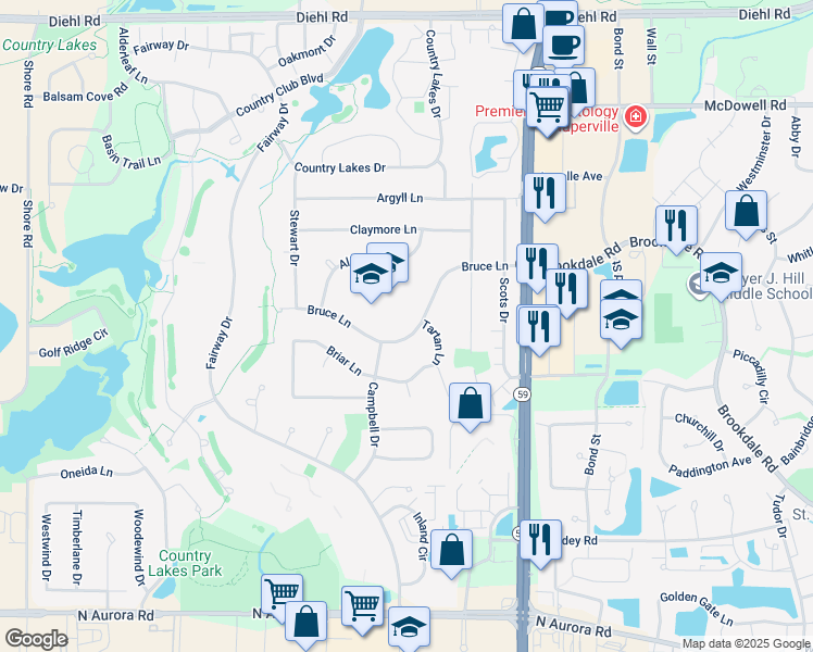 map of restaurants, bars, coffee shops, grocery stores, and more near 30W180 Bruce Lane in Naperville
