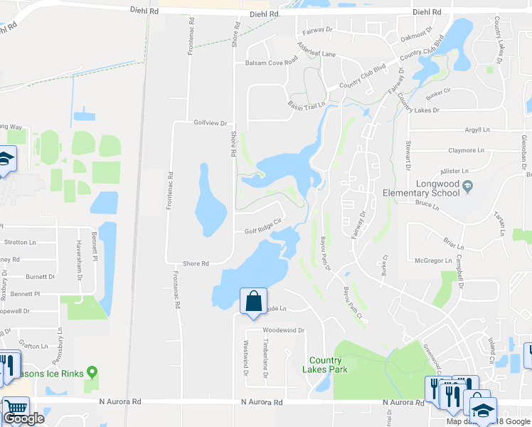 map of restaurants, bars, coffee shops, grocery stores, and more near 2548 Golf Ridge Circle in Naperville