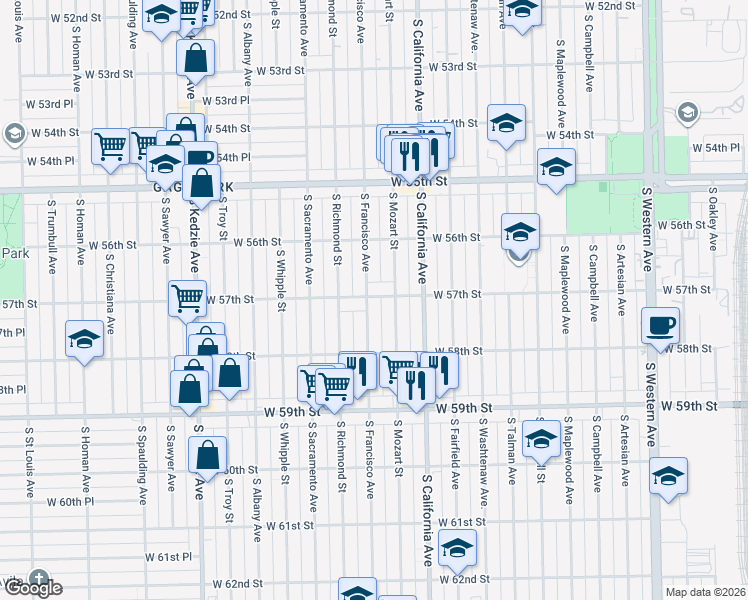 map of restaurants, bars, coffee shops, grocery stores, and more near 5701 South Francisco Avenue in Chicago