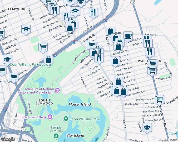 map of restaurants, bars, coffee shops, grocery stores, and more near 52 Fisk Street in Providence