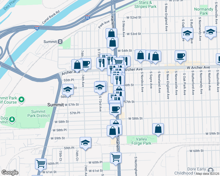 map of restaurants, bars, coffee shops, grocery stores, and more near 5601 South 72nd Court in Summit