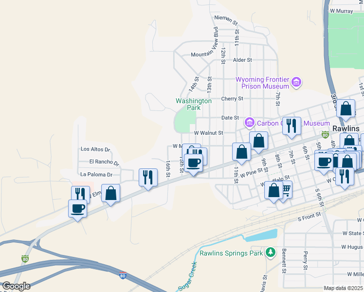 map of restaurants, bars, coffee shops, grocery stores, and more near 1499 West Maple Street in Rawlins