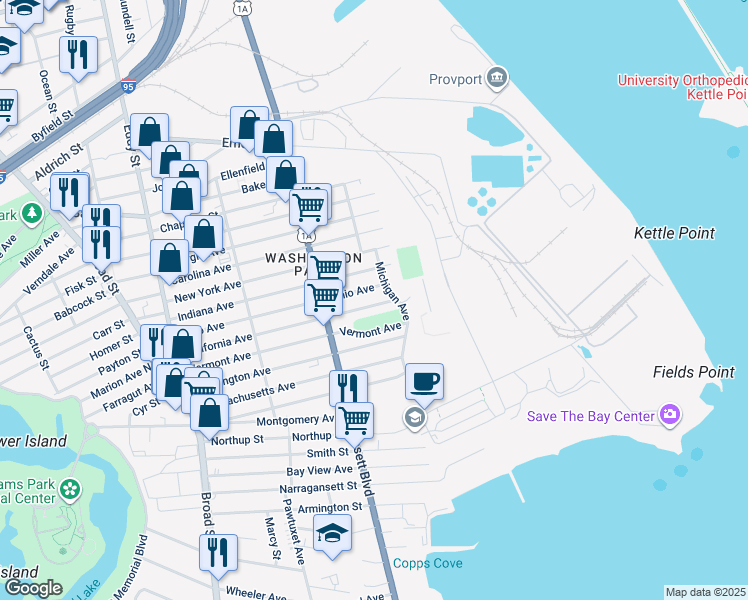 map of restaurants, bars, coffee shops, grocery stores, and more near 101 California Avenue in Providence