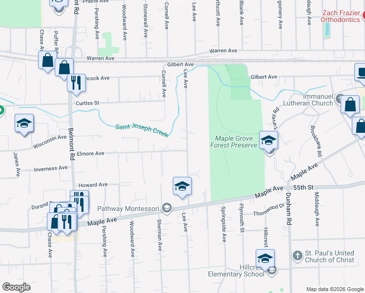 map of restaurants, bars, coffee shops, grocery stores, and more near 5320 Lee Avenue in Downers Grove