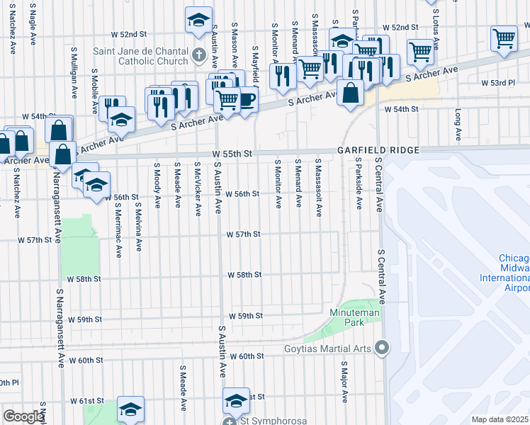 map of restaurants, bars, coffee shops, grocery stores, and more near 5627 South Mayfield Avenue in Chicago
