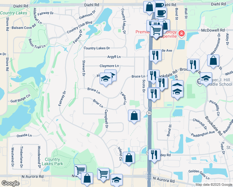 map of restaurants, bars, coffee shops, grocery stores, and more near 30W180 Bruce Lane in Naperville