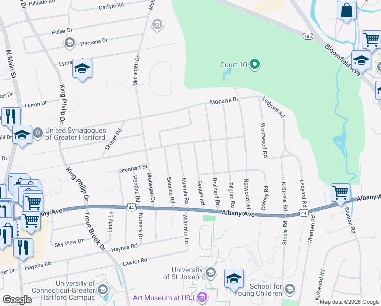 map of restaurants, bars, coffee shops, grocery stores, and more near 53 Sequin Road in West Hartford