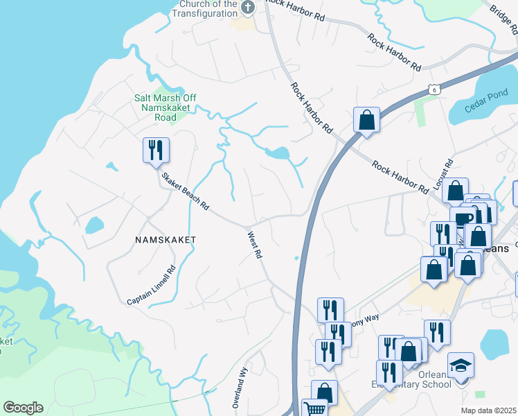 map of restaurants, bars, coffee shops, grocery stores, and more near 9 Ellis Road in Orleans