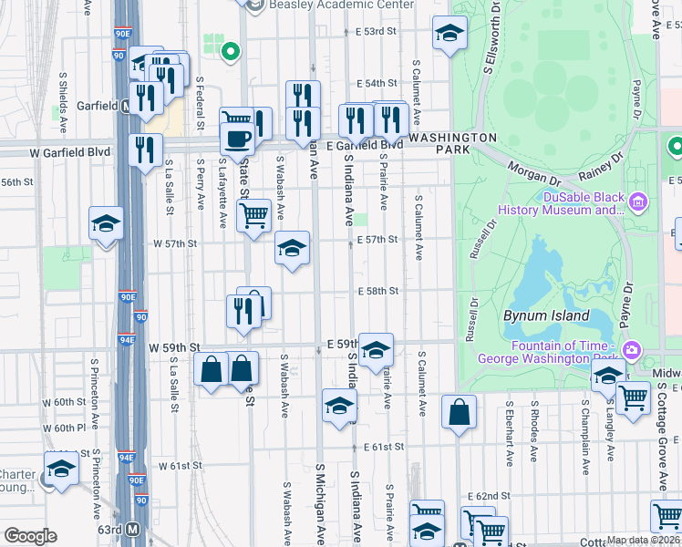 map of restaurants, bars, coffee shops, grocery stores, and more near 5734 South Indiana Avenue in Chicago