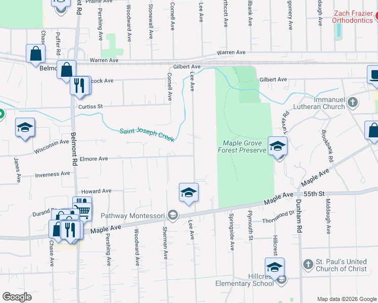 map of restaurants, bars, coffee shops, grocery stores, and more near 5320 Lee Avenue in Downers Grove
