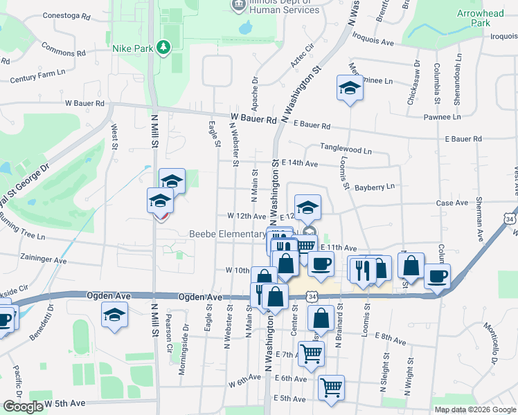 map of restaurants, bars, coffee shops, grocery stores, and more near 1215 North Washington Street in Naperville