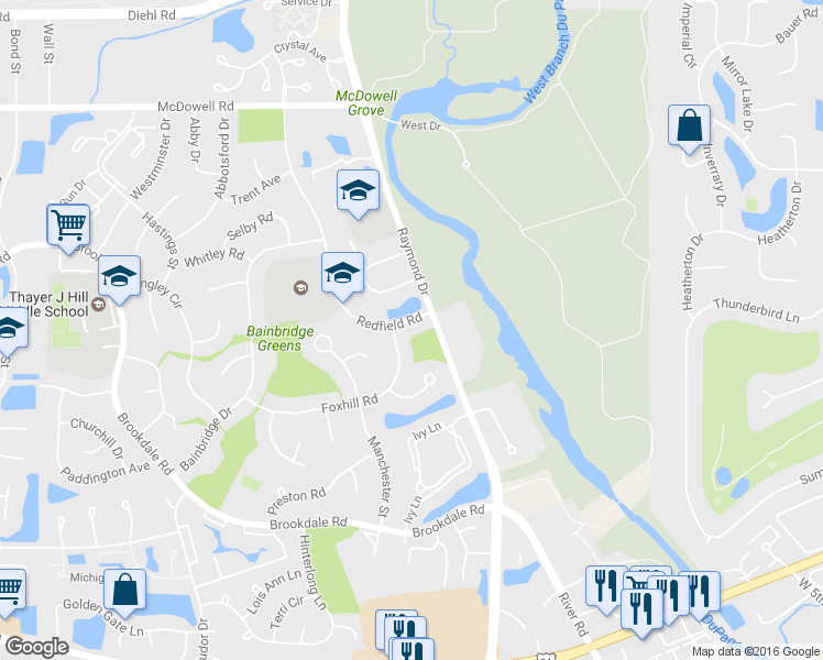 map of restaurants, bars, coffee shops, grocery stores, and more near 1160 Redfield Road in Naperville