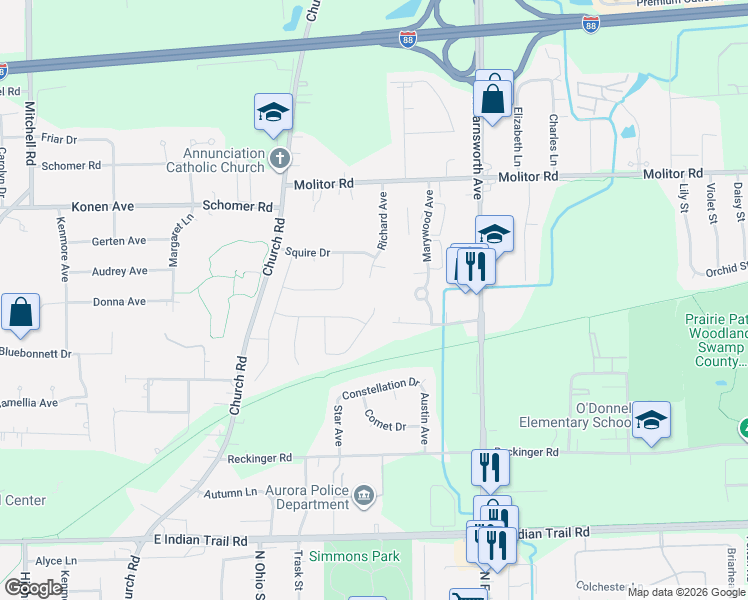 map of restaurants, bars, coffee shops, grocery stores, and more near 1598 Colleen Court in Aurora