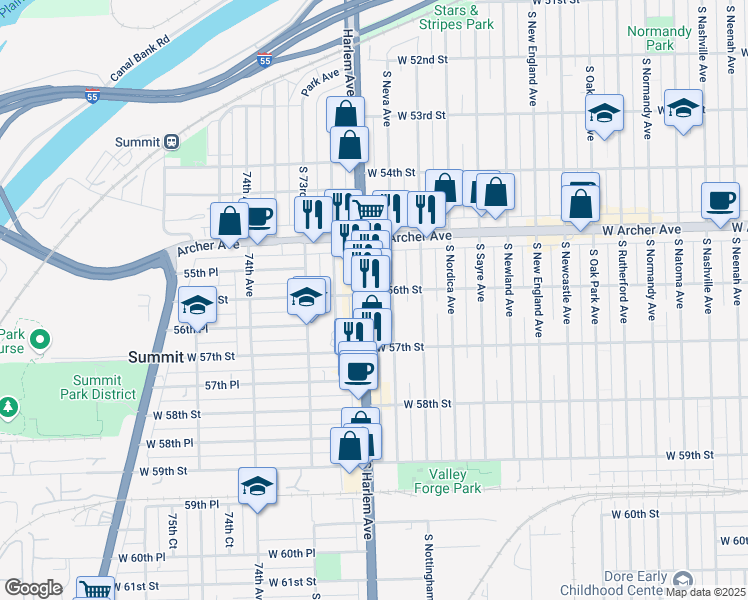 map of restaurants, bars, coffee shops, grocery stores, and more near 5601 South Harlem Avenue in Chicago