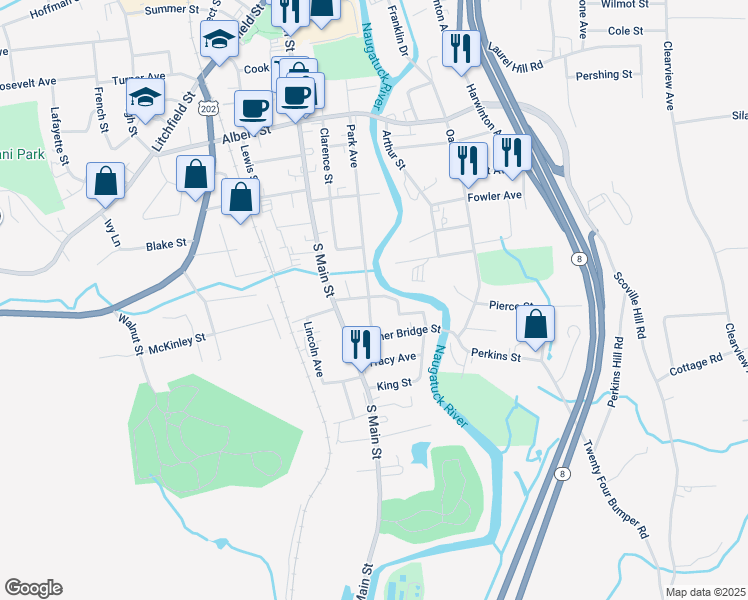 map of restaurants, bars, coffee shops, grocery stores, and more near 503 Park Avenue in Torrington