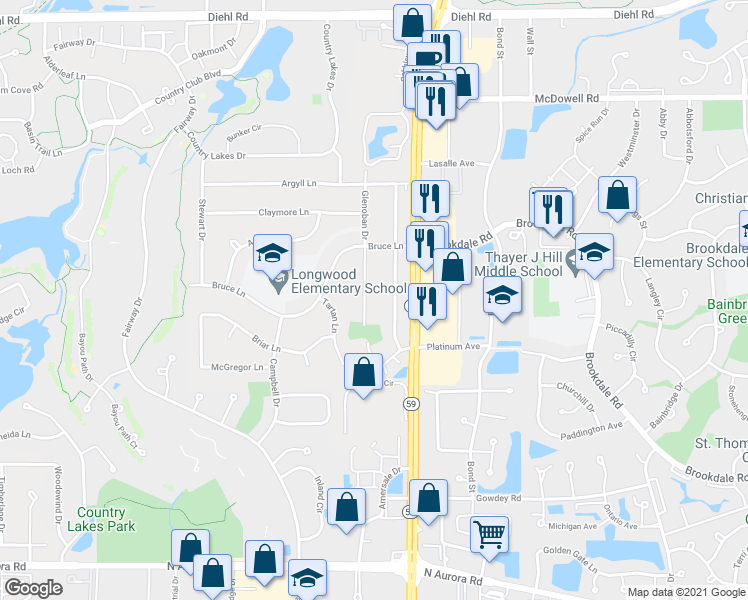 map of restaurants, bars, coffee shops, grocery stores, and more near 5S453 Glenoban Drive in Naperville