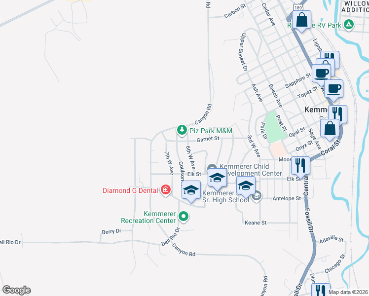 map of restaurants, bars, coffee shops, grocery stores, and more near 1130 Coulson Avenue in Kemmerer