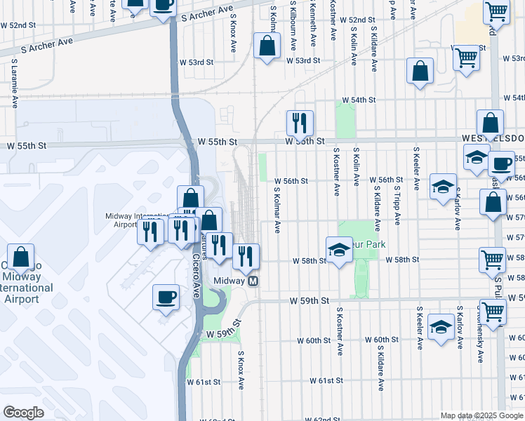 map of restaurants, bars, coffee shops, grocery stores, and more near 4550 West 57th Street in Chicago