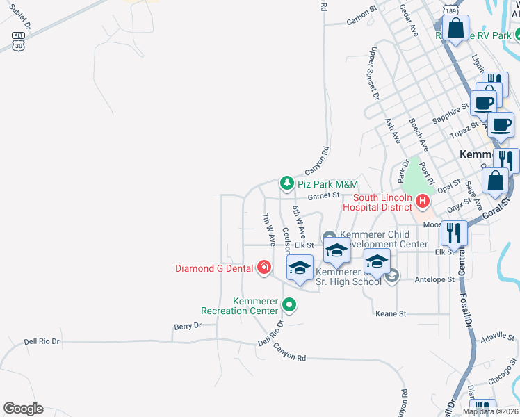map of restaurants, bars, coffee shops, grocery stores, and more near 1131 7th West Avenue in Kemmerer