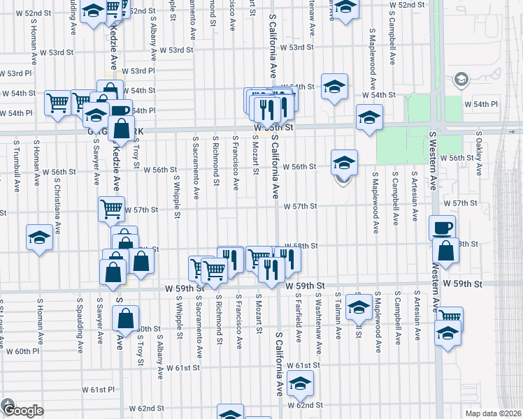 map of restaurants, bars, coffee shops, grocery stores, and more near 5701 South Mozart Street in Chicago