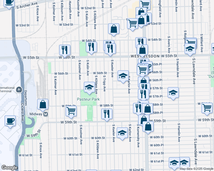 map of restaurants, bars, coffee shops, grocery stores, and more near 5649 S Tripp Ave in Chicago
