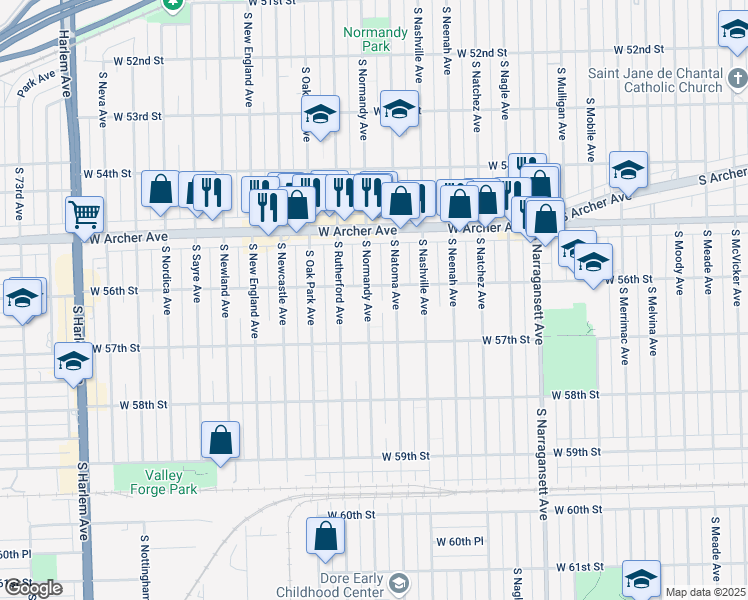 map of restaurants, bars, coffee shops, grocery stores, and more near 5613 South Normandy Avenue in Chicago