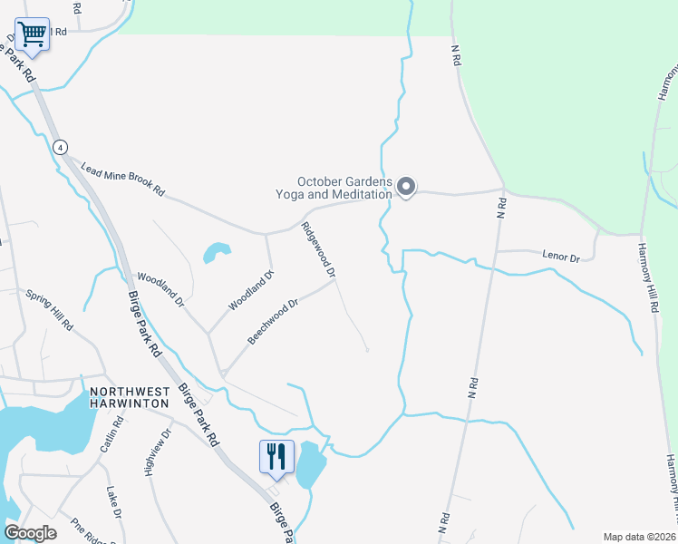 map of restaurants, bars, coffee shops, grocery stores, and more near 27 Ridgewood Drive in Harwinton