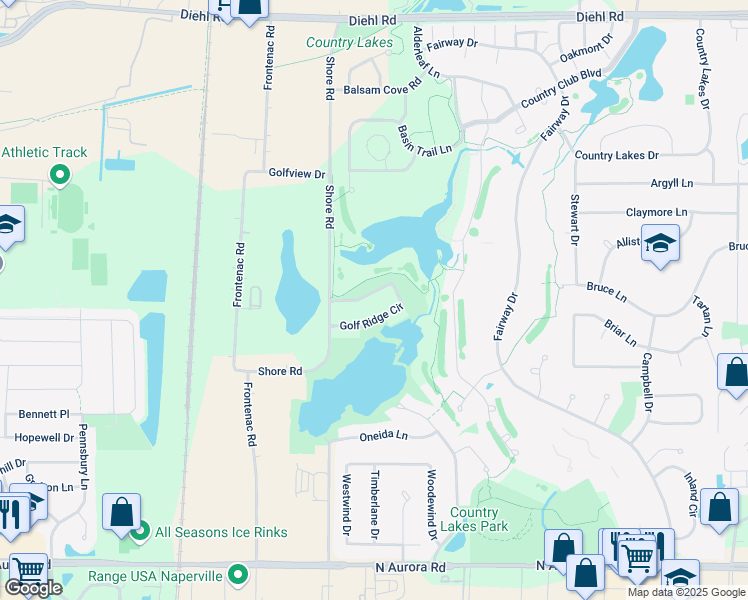 map of restaurants, bars, coffee shops, grocery stores, and more near 2532 Golf Ridge Circle in Naperville