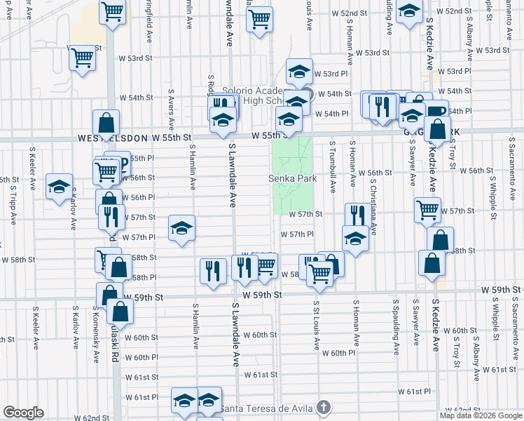 map of restaurants, bars, coffee shops, grocery stores, and more near 3612 West 57th Street in Chicago
