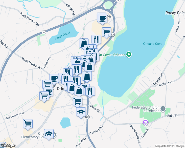 map of restaurants, bars, coffee shops, grocery stores, and more near 13 South Orleans Road in Orleans