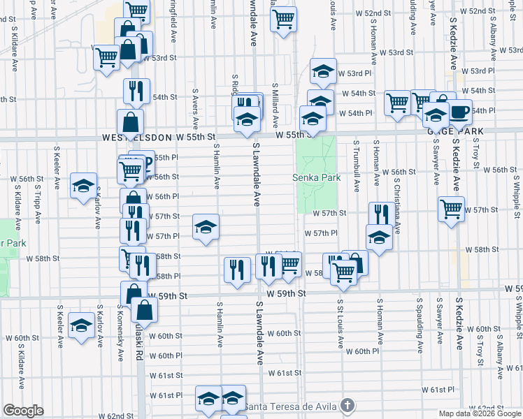 map of restaurants, bars, coffee shops, grocery stores, and more near 3650 W 57th St in Chicago