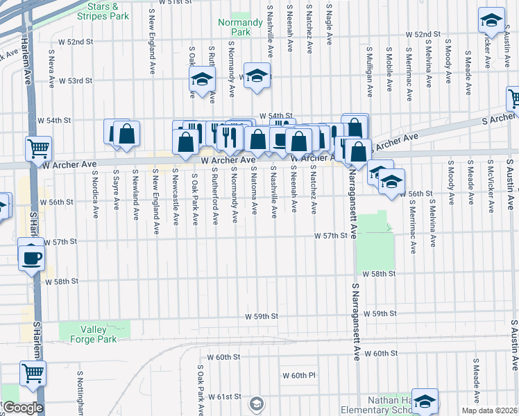 map of restaurants, bars, coffee shops, grocery stores, and more near 5613 South Natoma Avenue in Chicago