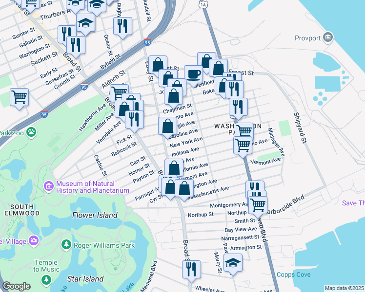 map of restaurants, bars, coffee shops, grocery stores, and more near 362 New York Ave in Providence