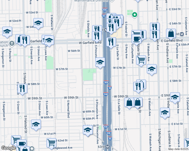 map of restaurants, bars, coffee shops, grocery stores, and more near 5726 South Princeton Avenue in Chicago