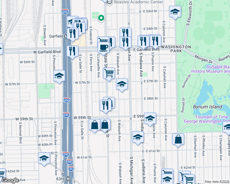 map of restaurants, bars, coffee shops, grocery stores, and more near 5732 South Wabash Avenue in Chicago