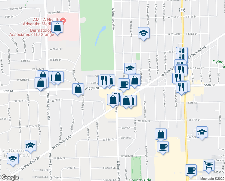 map of restaurants, bars, coffee shops, grocery stores, and more near 901 West 55th Street in Countryside