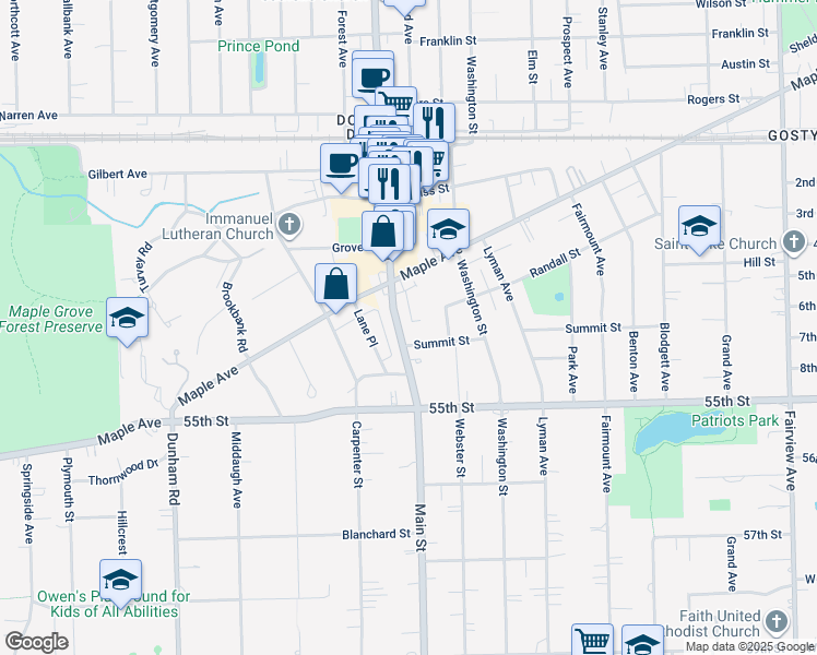 map of restaurants, bars, coffee shops, grocery stores, and more near 5337 Main Street in Downers Grove