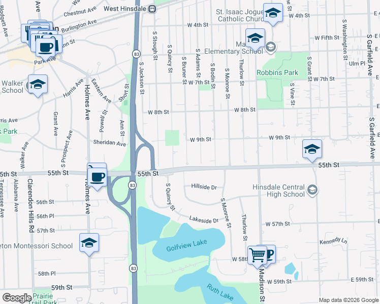 map of restaurants, bars, coffee shops, grocery stores, and more near 923 South Bruner Street in Hinsdale