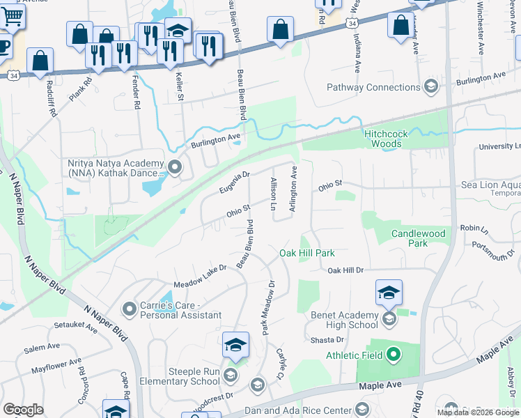 map of restaurants, bars, coffee shops, grocery stores, and more near 24W479 Ohio Street in Lisle