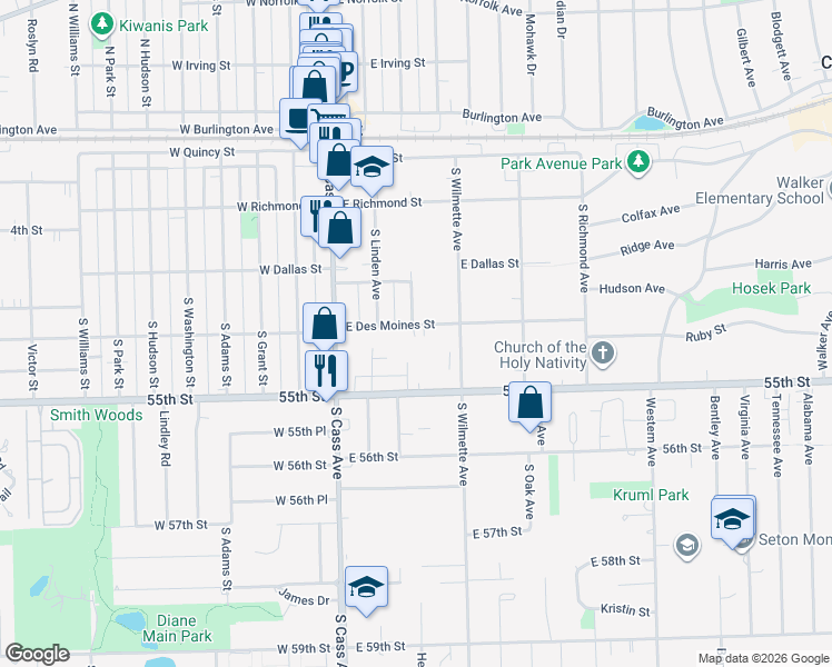map of restaurants, bars, coffee shops, grocery stores, and more near 107 East Des Moines Street in Westmont
