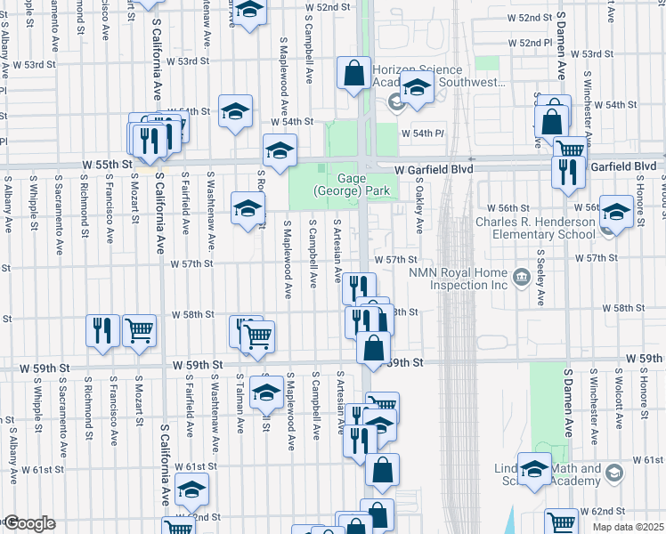 map of restaurants, bars, coffee shops, grocery stores, and more near 5704 South Artesian Avenue in Chicago