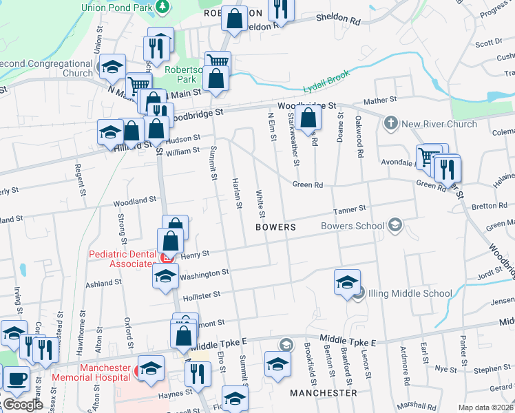 map of restaurants, bars, coffee shops, grocery stores, and more near 78 White Street in Manchester
