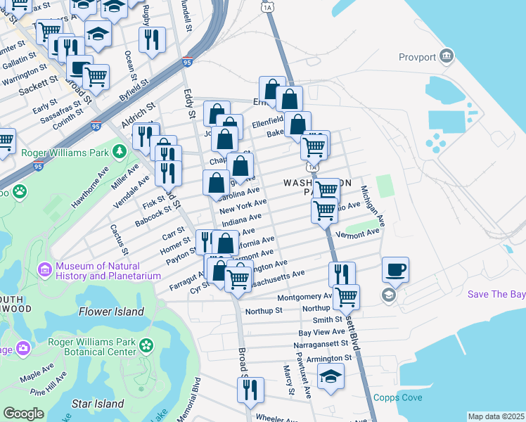 map of restaurants, bars, coffee shops, grocery stores, and more near 245 Indiana Avenue in Providence