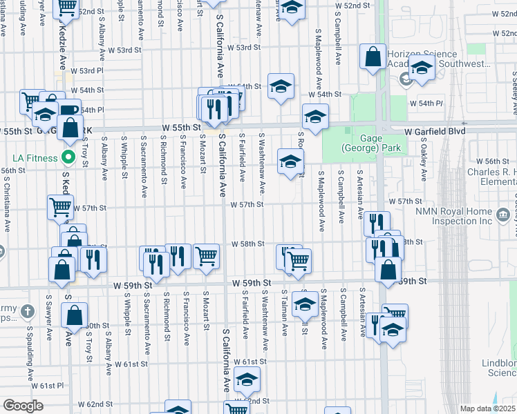 map of restaurants, bars, coffee shops, grocery stores, and more near 5700 South Washtenaw Avenue in Chicago