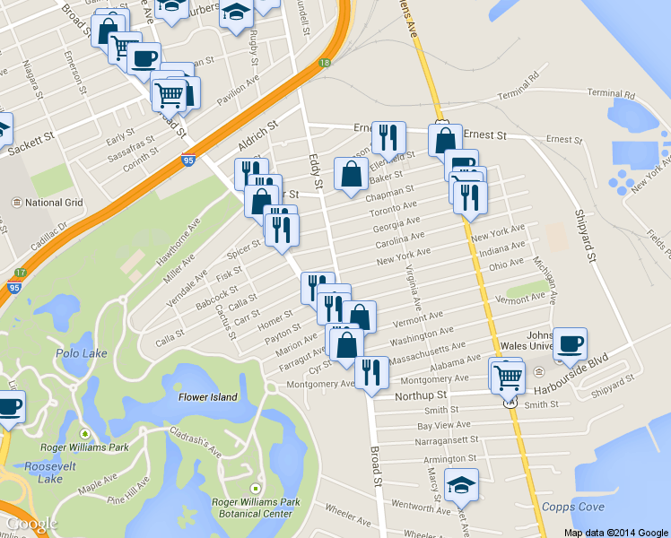 map of restaurants, bars, coffee shops, grocery stores, and more near 1295 Eddy St in Providence