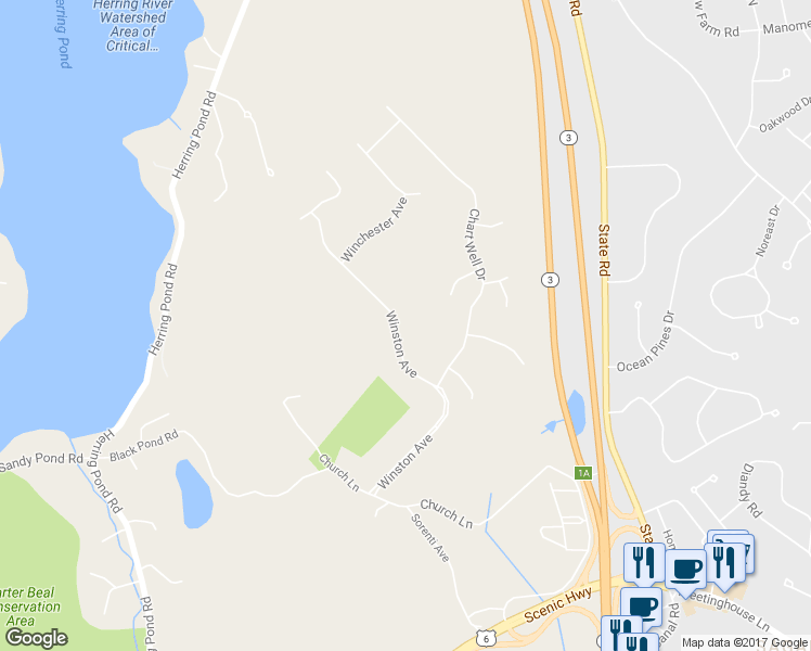 map of restaurants, bars, coffee shops, grocery stores, and more near 27 Winston Avenue in Bourne