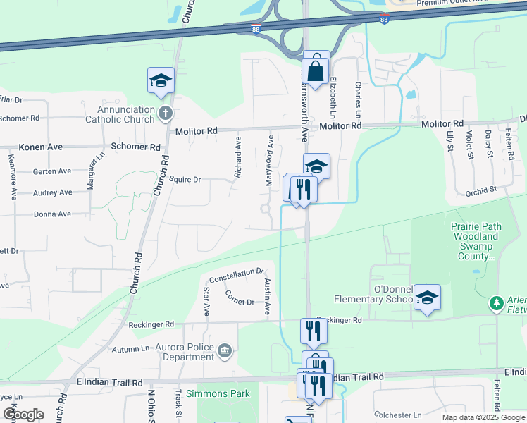 map of restaurants, bars, coffee shops, grocery stores, and more near 1619 North Marywood Avenue in Aurora