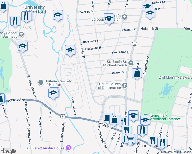 map of restaurants, bars, coffee shops, grocery stores, and more near 111 Hebron Street in Hartford