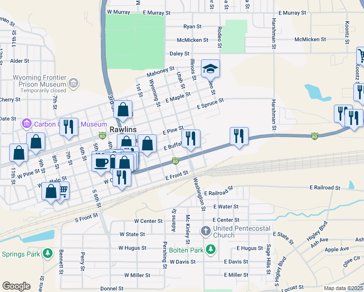 map of restaurants, bars, coffee shops, grocery stores, and more near 222 East Buffalo Street in Rawlins